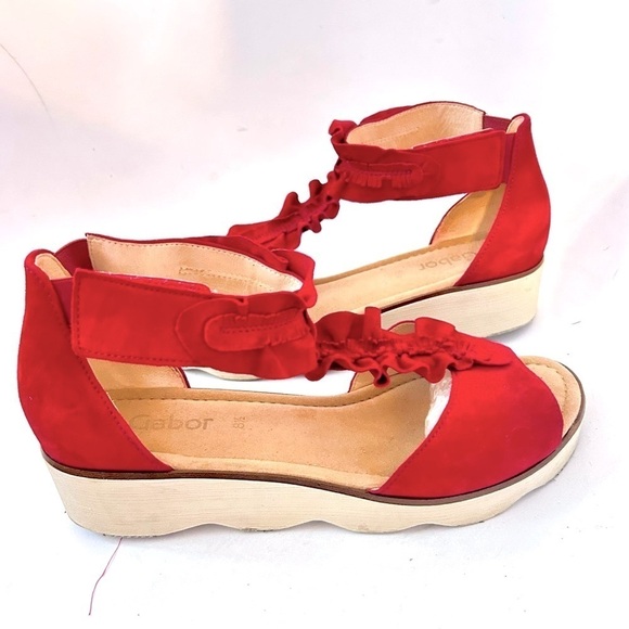 GABOR Olin Ruffled Suede Leather T-Strap Comfort Wedge Sandal Size us 10.5 / 11 - Picture 4 of 14